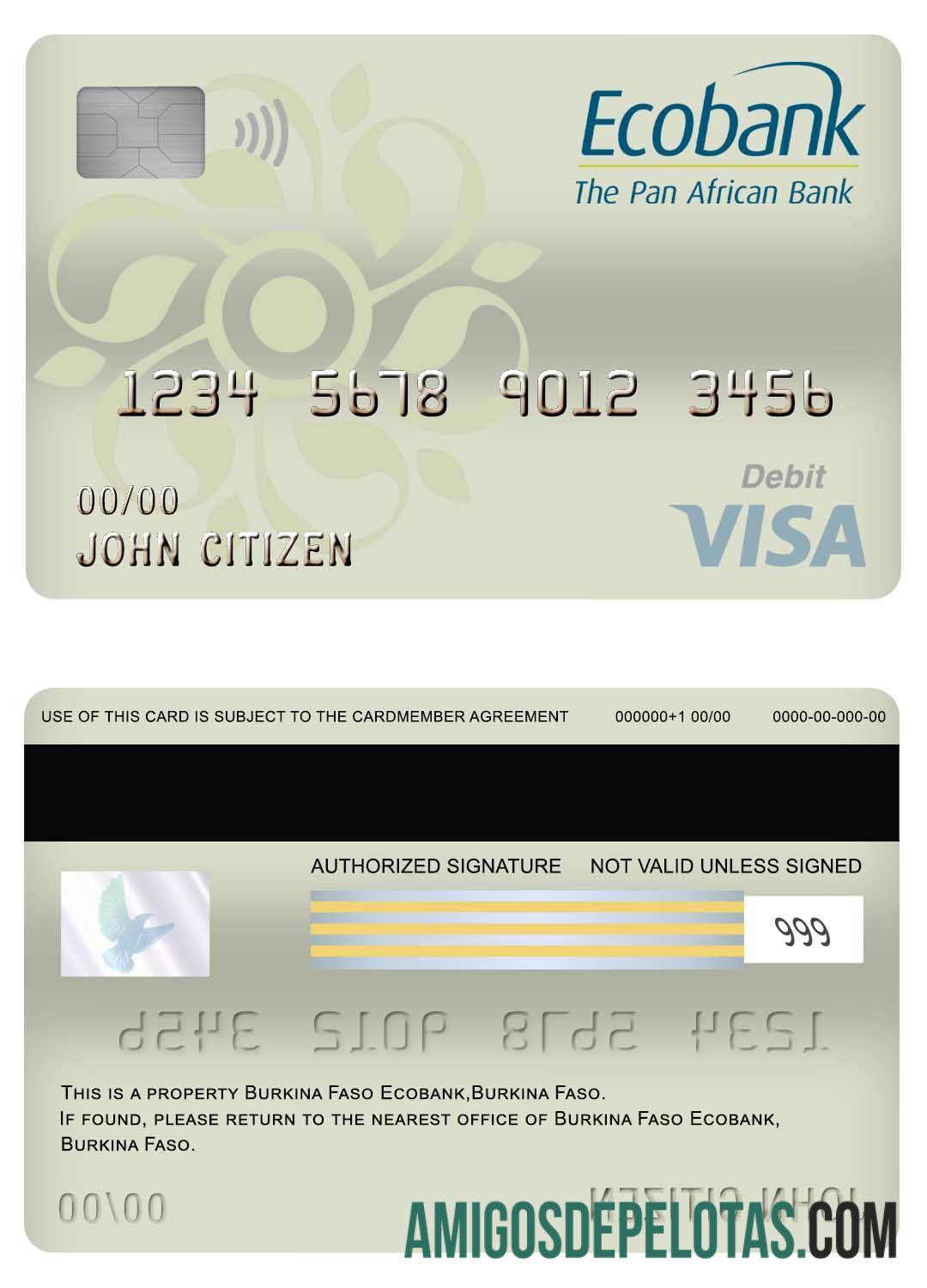 Cartão de débito Visa do Banco Ecobank de Burkina Faso modelo